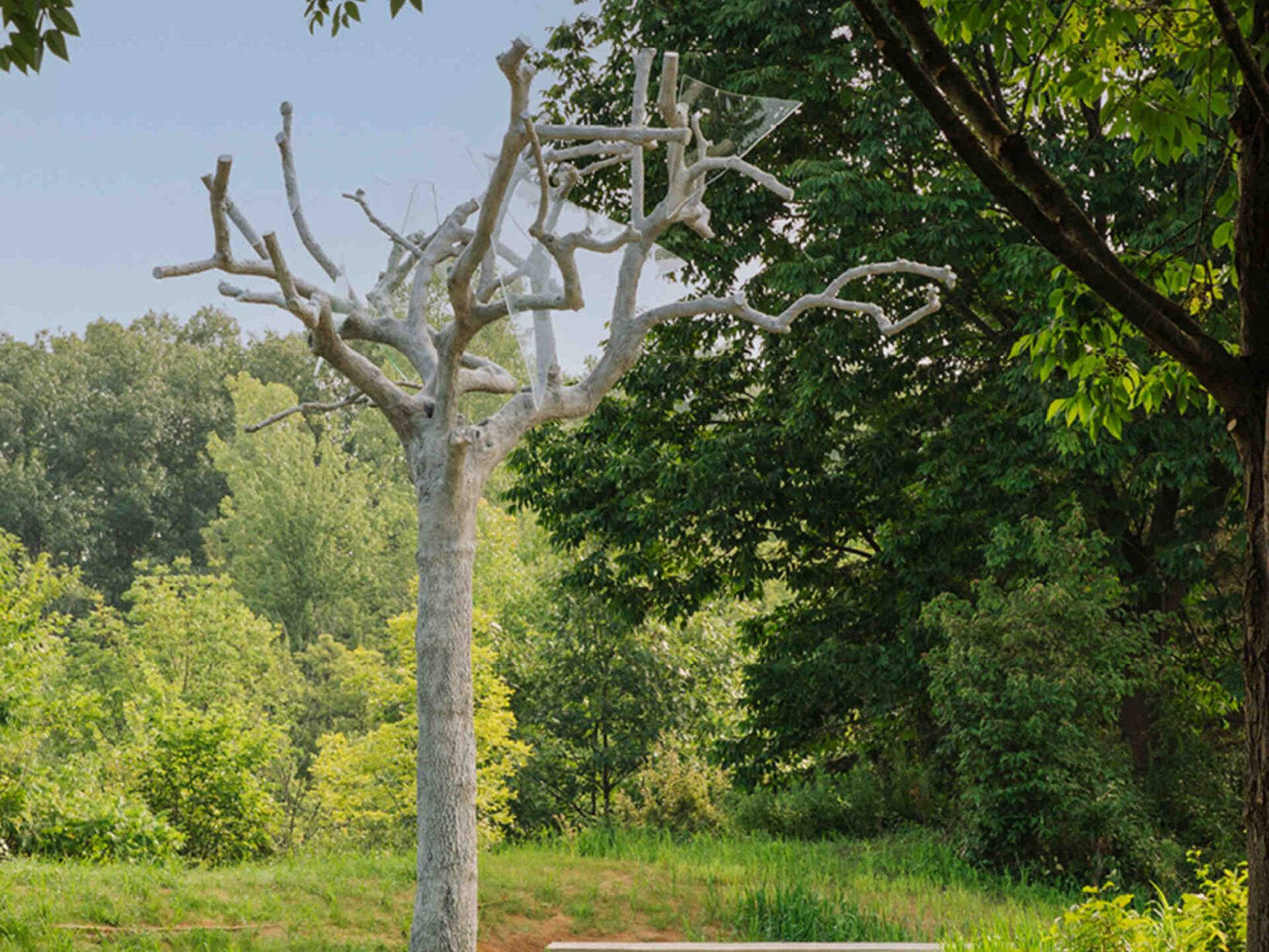 A sculpture of a tree with broken glass through its limbs, called "Ways to Say Goodbye" by Ariel Schlesinger